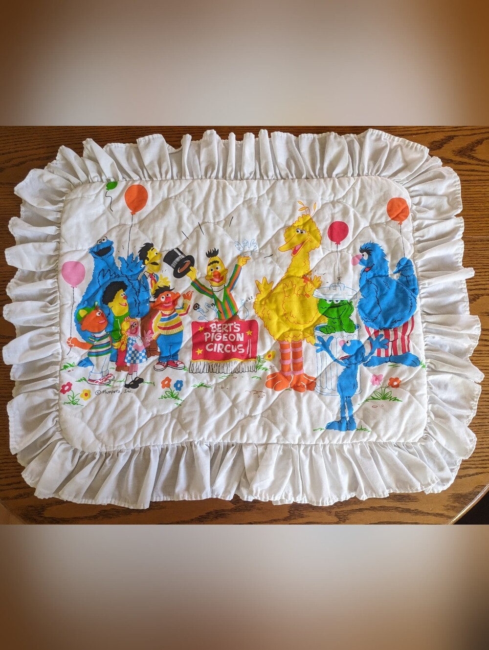 Sesame Street Ruffled Pillow Cover Vintage Bert's Pigeon Circus